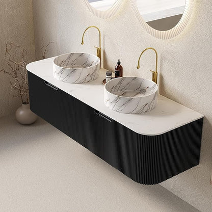 Ambrovina 60" Floating Bathroom Vanity with Double Sink, Modern Bathroom Vanities with Marble Countertop and Ceramic Sink, Soft-Close Design, Natural Solid Wood Cabinet, Pre-Assembled, Gloss Black