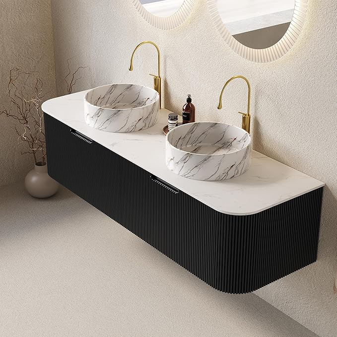 Yayzy 60" Floating Bathroom Vanity with Sink, Solid Wood Fluted Cabinet, White Marble-Patterned Ceramic Basin & Faux Marble Top, Soft-Close Drawer, Pre-Assembled, Gloss Black