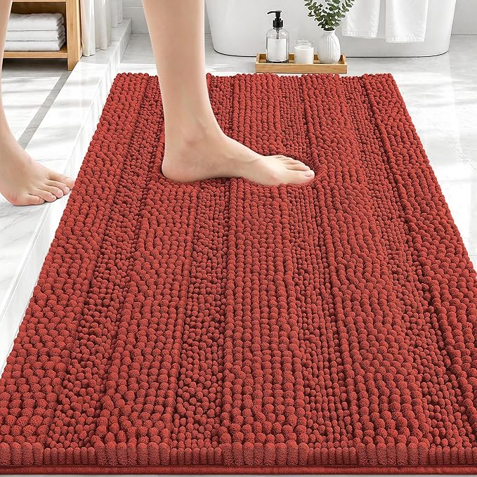 OLANLY Thick Bathroom Rugs 30x20, Chenille Bath Rugs, Rustic Terracotta | Rubber Backing, Machine Wash, Extra Absorbent Striped Bath Mats for Bathroom Floor, Tub and Shower, Home Decor Accessories