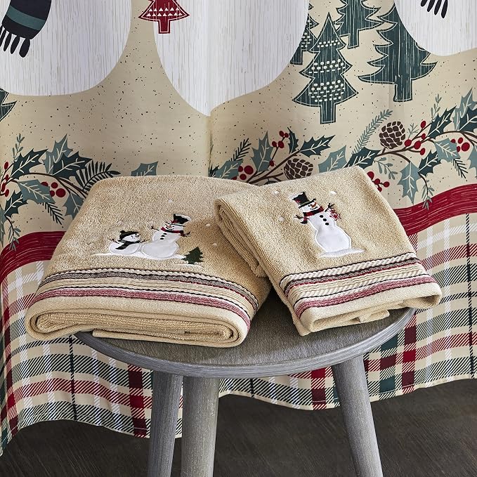 SKL Home Christmas/Winter Rustic Plaid Snowman Hand Towel Set-2pc, Wheat | 100% Cotton. 500 GSM. Soft & absorbent terry with embroidery. Great for the bathroom, kitchen or bar & holiday gifting.