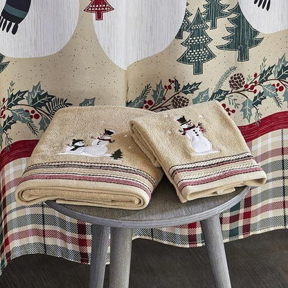 SKL Home Christmas/Winter Rustic Plaid Snowman Hand Towel Set-2pc, Wheat | 100% Cotton. 500 GSM. Soft & absorbent terry with embroidery. Great for the bathroom, kitchen or bar & holiday gifting.