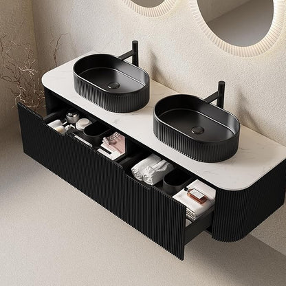 Yayzy 60" Floating Bathroom Vanity with Sink, Solid Wood Fluted Cabinet, Black Fluted Oval Ceramic Basin & Faux Marble Top, Soft-Close Drawer, Pre-Assembled, Gloss Black