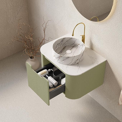 24'' Bathroom Vanities Cabinet with Sink Combo, Wall Mounted Floating Cabinet W/Curved Edges Stripes, Oak Plywood, Soft-close System with a Drawer, White Round Ceramic Basin - Kiel, Light Green/S