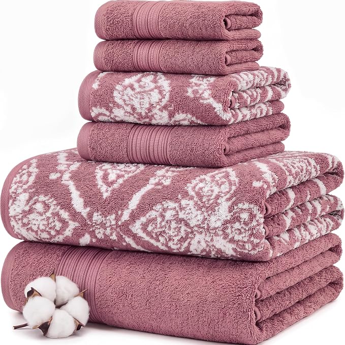 Modern Threads Amaris 6-Piece Reversible Yarn Dyed Jacquard Towel Set - Bath Towels, Hand Towels, & Washcloths - Super Absorbent & Quick Dry - 100% Combed Cotton, Rosewood