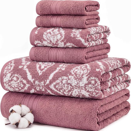 Modern Threads Amaris 6-Piece Reversible Yarn Dyed Jacquard Towel Set - Bath Towels, Hand Towels, & Washcloths - Super Absorbent & Quick Dry - 100% Combed Cotton, Rosewood