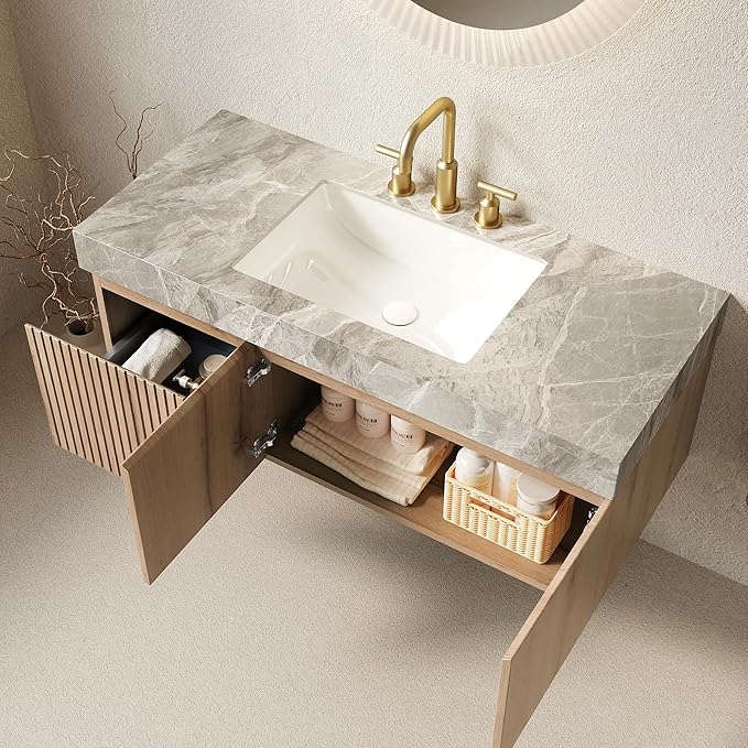 48" Floating Bathroom Vanity with Sink, Modern Plywood Bathroom Vanities with Drawer and Doors, Gray Sintered Stone Countertop and 3 Pre-drilled Faucet Holes Ceramic Basin, Pre-Assembled, Light Oak