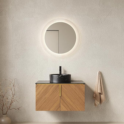 30" Floating Bathroom Vanity with Sink Combo, Modern Vanity with Vessel Sink, Wall-Mounted Bathroom Vanity Cabinet with Doors, Black Countertop and Black Round Ceramic Basin,Brown Oak