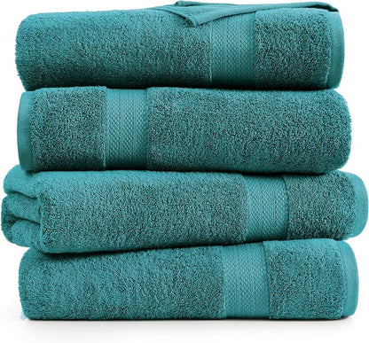 LANE LINEN Bathroom Towel Set 4 Piece Soft Absorbent Quick Dry - Sea Port | Cotton Towel Set - Coordinated Colors, Dobby Border Accent, OEKO-TEX Certified, Ring-Spun Durability, Ring-Spun Cotton