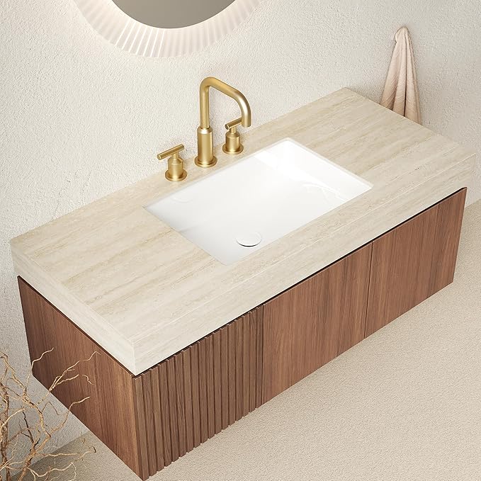 48" Floating Bathroom Vanity with Sink, Bathroom Stroage Vanities with Drawer and 2 Doors, Roma Travertine-Pattern Countertop and 3 Pre-drilled Faucet Holes Ceramic Basin, Pre-Assembled, Dark Oak