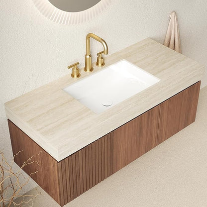 48" Floating Bathroom Vanity with Sink, Bathroom Stroage Vanities with Drawer and 2 Doors, Roma Travertine-Pattern Countertop and 3 Pre-drilled Faucet Holes Ceramic Basin, Pre-Assembled, Dark Oak