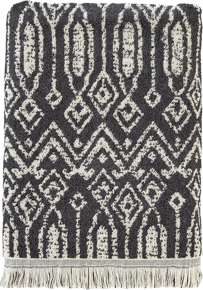 SKL Home Nador Bath Towel, Premium 100% Cotton, Black | 600 GSM weight. Spa-level quality. Soft & absorbent with fringed hem. Reversible jacquard pattern.