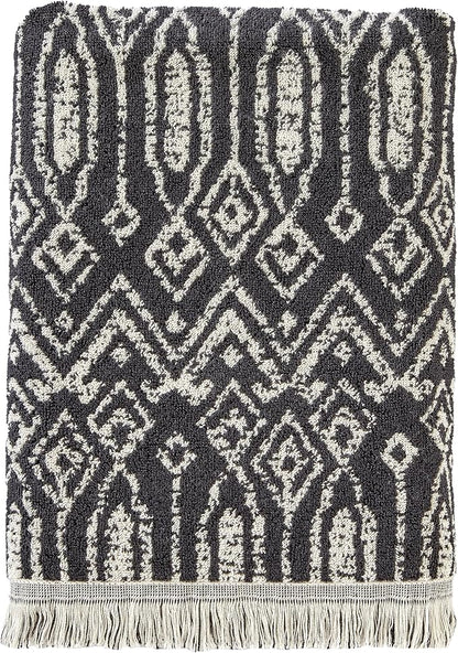 SKL Home Nador Bath Towel, Premium 100% Cotton, Black | 600 GSM weight. Spa-level quality. Soft & absorbent with fringed hem. Reversible jacquard pattern.