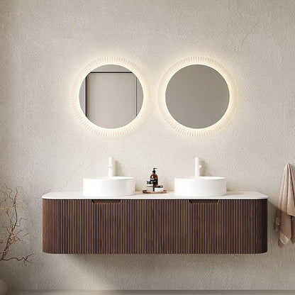 60'' Bathroom Vanities Cabinet with Sink, Wall Mounted Floating Cabinet W/Curved Edges Stripes, Oak Plywood, Soft-Close System with 2 Drawer & 2 White Round Ceramic Basin - Kiel, Dark Walnut