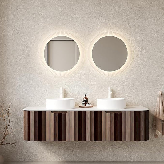 60'' Bathroom Vanities Cabinet with Sink, Wall Mounted Floating Cabinet W/Curved Edges Stripes, Oak Plywood, Soft-Close System with 2 Drawer & 2 White Round Ceramic Basin - Kiel, Dark Walnut