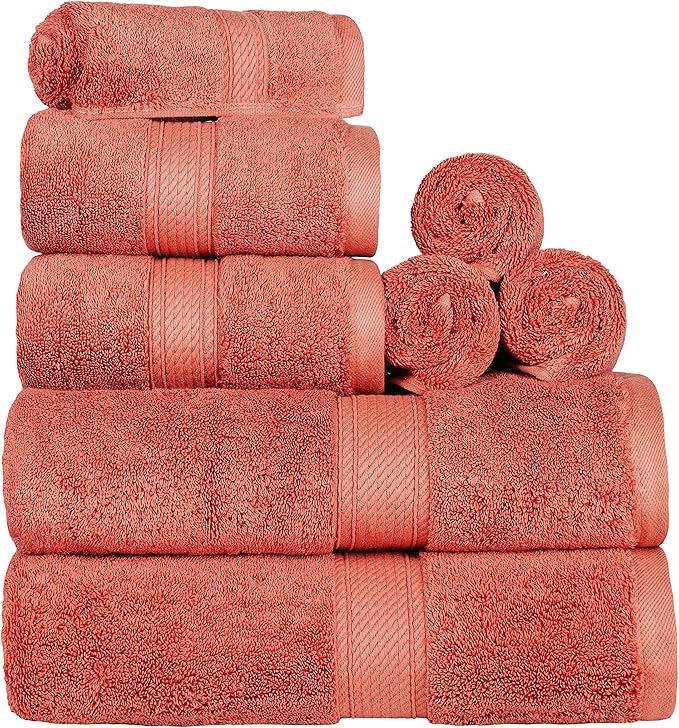 SUPERIOR Egyptian Cotton Ultra Plush & Absorbent, 8 Piece Set, Coral | Quick Dry, Soft Luxury Towel Set, Bath Essentials, Guest Bath, Spa, 2 Bath, 2 Hand, 4 Face Towels, Madeline Towels