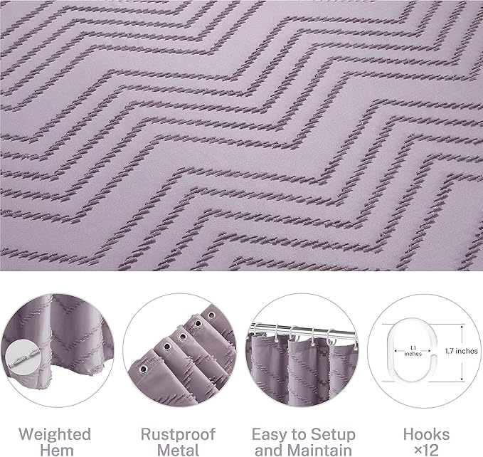 Extra Long Boho Shower Curtain - Purple Woven Fabric, 72 x 84, Tufted Chevron Striped, Modern Chic Textured Minimalist