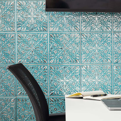 Peel and Stick Metal Tiles, Teal & Silver Leaves, 10-Pack | 8 x 8 in tile size; Covers up to 4.44 sq ft; Aluminum; Water-resistant surface; For kitchens, ceilings, DIY projects