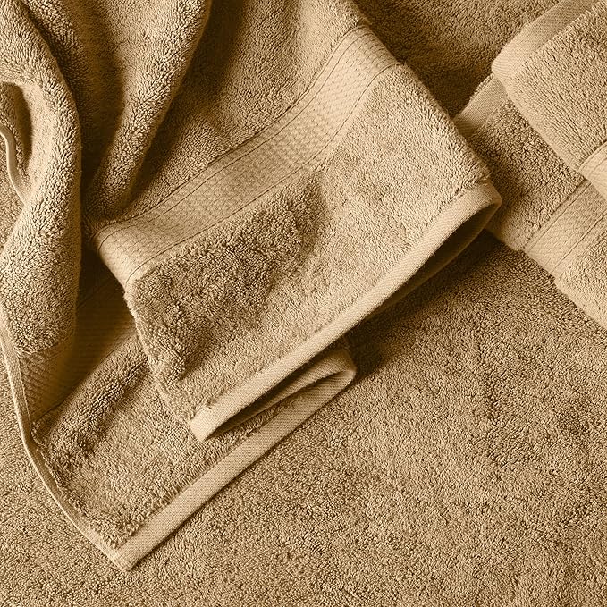 SUPERIOR Egyptian Cotton Ultra Plush & Absorbent, 12 Piece Set, Toast | Heavyweight 12 Pc Egyptian Cotton Towel Set Includes 4 Bath Towels 4 Hand Towels 4 Washcloths Decorative Rope Border