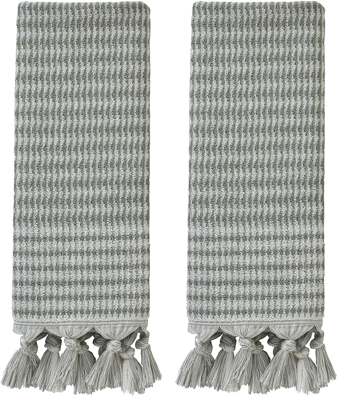 SKL Home Longborough Hand Towel Set-2pc, 100% Turkish Cotton, Sage | 640 GSM weight. Spa-level quality. Soft & absorbent jacquard with tassels. For the bathroom, kitchen, bar or any sink space.