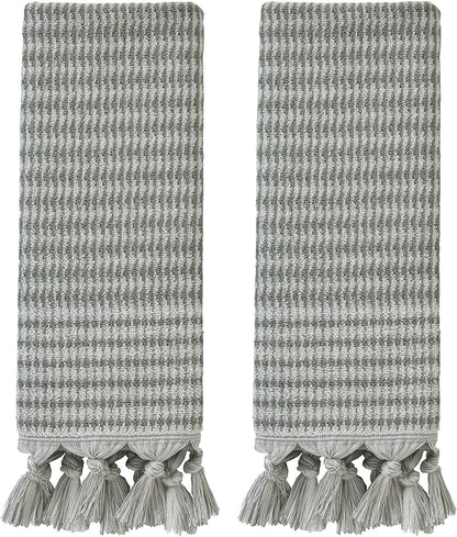 SKL Home Longborough Hand Towel Set-2pc, 100% Turkish Cotton, Sage | 640 GSM weight. Spa-level quality. Soft & absorbent jacquard with tassels. For the bathroom, kitchen, bar or any sink space.