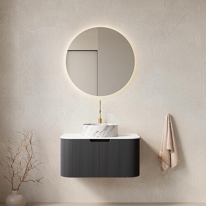 30'' Floating Vanity with Sink Combo, Modern Wall-Mounted Curved Edges Striped Bathroom Storage Cabinet with Soft-Close Drawer and White Stone Pattern Basin, Black