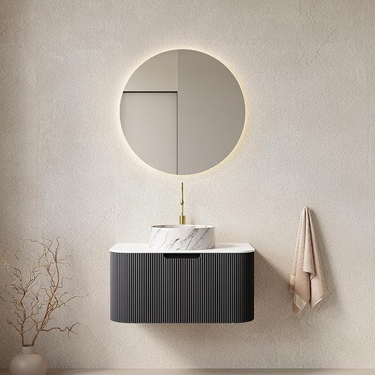 30'' Floating Vanity with Sink Combo, Modern Wall-Mounted Curved Edges Striped Bathroom Storage Cabinet with Soft-Close Drawer and White Stone Pattern Basin, Black