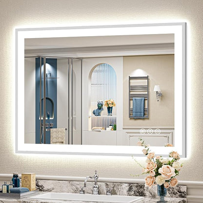 44x32 Inch Brushed Nickel LED Bathroom Mirror, Backlit & Front Lit | Silver Framed Anti-Fog Lighted Vanity Mirror with Lights, 3 Color Dimmable, Memory, HD Tempered Glass, CRI95, IP54, UL Listed