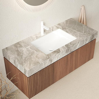 Ambrovina 48" Floating Bathroom Vanity with Sink, Modern Plywood Bathroom Storage Cabinet with Drawer and 2 Doors, Light Gray Sintered Stone Countertop and White Ceramic Basin, Pre-assembled, Dark Oak