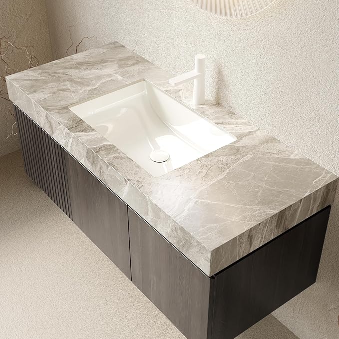 Ambrovina 48" Floating Bathroom Vanity with Sink, Modern Plywood Bathroom Storage Cabinet with Drawer and 2 Doors, Gray Sintered Stone Countertop and Ceramic Basin, Pre-Assembled, Espresso Woodgrain