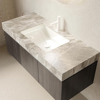 Ambrovina 48" Floating Bathroom Vanity with Sink, Modern Plywood Bathroom Storage Cabinet with Drawer and 2 Doors, Gray Sintered Stone Countertop and Ceramic Basin, Pre-Assembled, Espresso Woodgrain