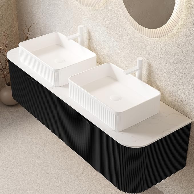 60" Floating Bathroom Vanity with Double Sink, Modern Bathroom Vanities with Marble Countertop and White Rectangular Ceramic Sink, Soft-Close Design, Natural Solid Wood Cabinet, Pre-Assembled, Black