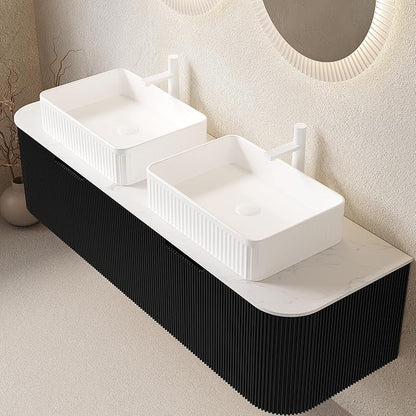 60" Floating Bathroom Vanity with Double Sink, Modern Bathroom Vanities with Marble Countertop and White Rectangular Ceramic Sink, Soft-Close Design, Natural Solid Wood Cabinet, Pre-Assembled, Black