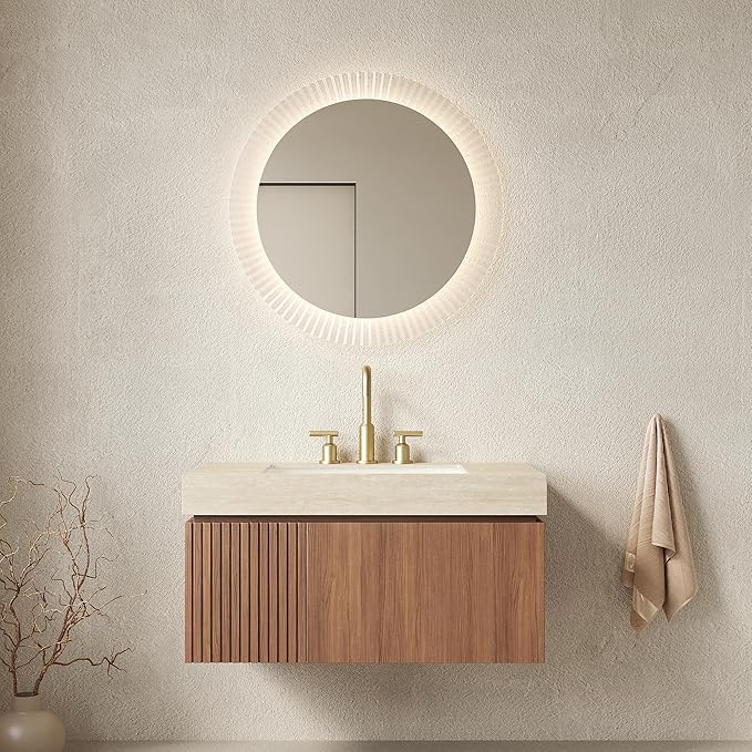 KEIKI 36 Inch Floating Bathroom Vanity with Sink, Modern Wall Mounted Storage Cabinet with Drawer, Pre-assembled Waterproof Wood Panels, Sintered Stone Top & Ceramic Basin Combo Set, Brown Oak & Beige