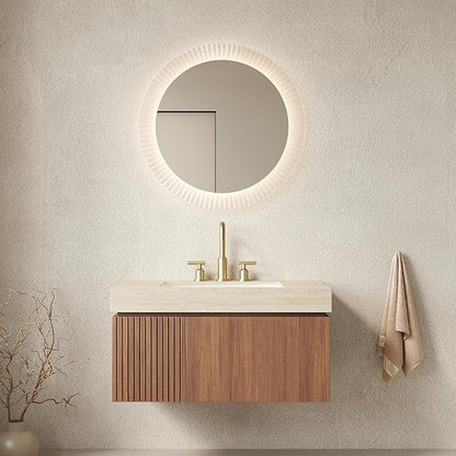 KEIKI 36 Inch Floating Bathroom Vanity with Sink, Modern Wall Mounted Storage Cabinet with Drawer, Pre-assembled Waterproof Wood Panels, Sintered Stone Top & Ceramic Basin Combo Set, Brown Oak & Beige