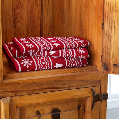 SKL Home Christmas/Winter Fair Isle Bath Towel, 100% Cotton Jacquard, Red | 500 GSM. Soft & absorbent terry with reversible pattern. Great for holiday gifting.