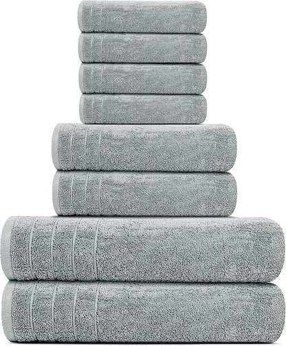 Tens Towels Pack of 8 Towels Set, 2 Extra Large Bath, 2 Hand, 4 Washcloths, 100% Cotton, Lighter Weight, Quicker to Dry, Super Absorbent, Perfect for Bathroom, Cool Grey