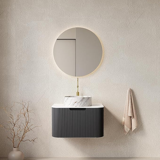 24'' Floating Vanity with Sink Combo, Modern Wall-Mounted Curved Edges Striped Bathroom Storage Cabinet with Soft-Close Drawer and White Stone Pattern Basin, Black