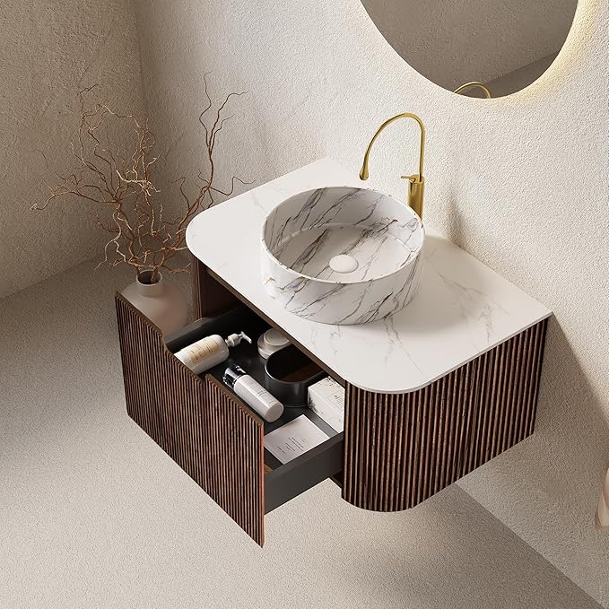 Yayzy 30" Floating Bathroom Vanity with Sink, Solid Wood Fluted Cabinet, White Marble-Patterned Ceramic Basin & Faux Marble Top, Soft-Close Drawer, Pre-Assembled, Walnut Woodgrain