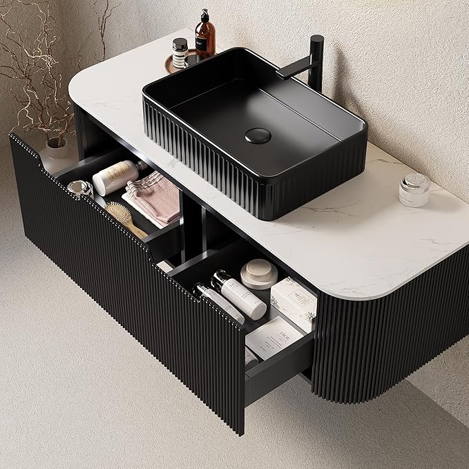 Yayzy 48" Floating Bathroom Vanity with Sink, Solid Wood Fluted Cabinet, Black Fluted Square Ceramic Basin & Faux Marble Top, Soft-Close Drawer, Pre-Assembled, Gloss Black
