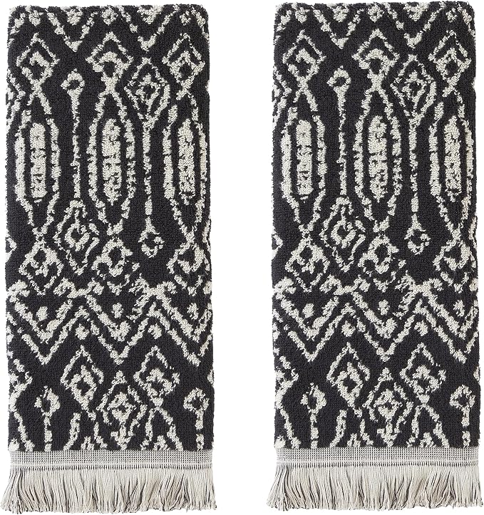 SKL Home Nador Hand Towel Set-2pc, Premium 100% Cotton, Black | 600 GSM. Spa-level quality. Soft & absorbent, reversible jacquard. For the bathroom, kitchen, bar or any sink space.