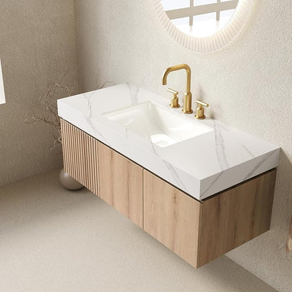 KEIKI 48 Inch Floating Bathroom Vanity with Sink, White Oak & White | Modern Wall Mounted Storage Cabinet w/ Drawer & Door, Pre-assembled Wood Panels, Sintered Stone Top & Ceramic Basin Combo Set