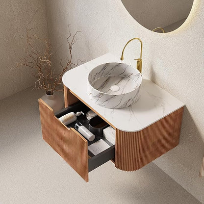 30'' Floating Vanity with Sink Combo, Modern Wall-Mounted Curved Edges Striped Bathroom Storage Cabinet with Soft-Close Drawer and White Stone Pattern Basin, Natural Walnut