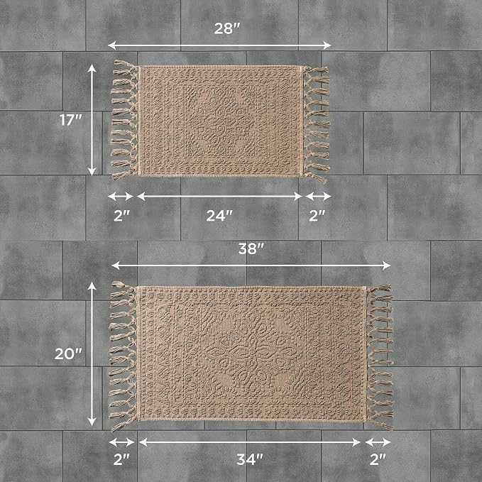 French Connection Nellore Bath Rugs, Set of 2 Woven and Beaded Bath Mats, Durable and Thick Bath Mats for Bathroom and Shower Rugs, 17" x 28" and 20" x 38", Taupe