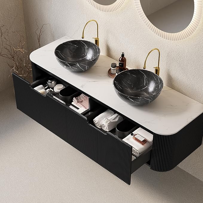 Yayzy 60" Floating Bathroom Vanity with Sink, Solid Wood Fluted Cabinet, White Marble-Patterned Ceramic Basin & Faux Marble Top, Soft-Close Drawer, Pre-Assembled, Gloss Black