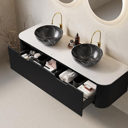 Yayzy 60" Floating Bathroom Vanity with Sink, Solid Wood Fluted Cabinet, White Marble-Patterned Ceramic Basin & Faux Marble Top, Soft-Close Drawer, Pre-Assembled, Gloss Black