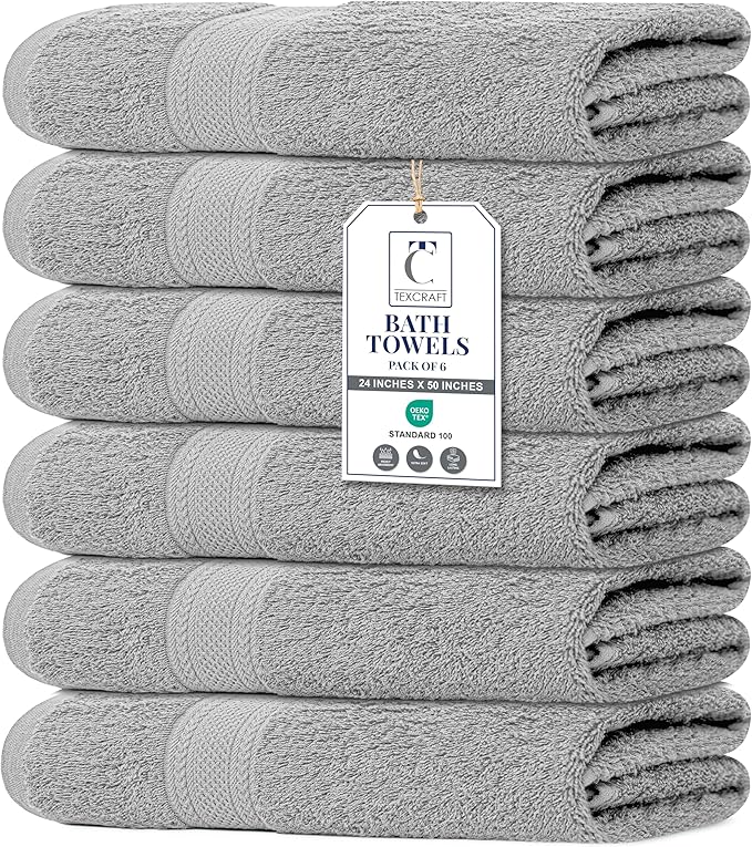 Large Bath Towels Set of 6 – 100% Cotton Terry – 24" x 50" – Quick Dry, Soft & Highly Absorbent – Light Grey Towels for Bathroom, Gym, Spa, Pool & Daily Use