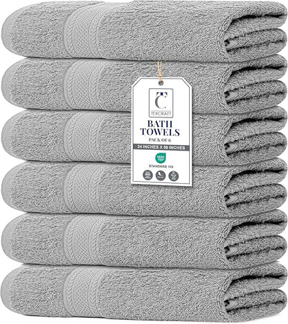 Large Bath Towels Set of 6 – 100% Cotton Terry – 24" x 50" – Quick Dry, Soft & Highly Absorbent – Light Grey Towels for Bathroom, Gym, Spa, Pool & Daily Use