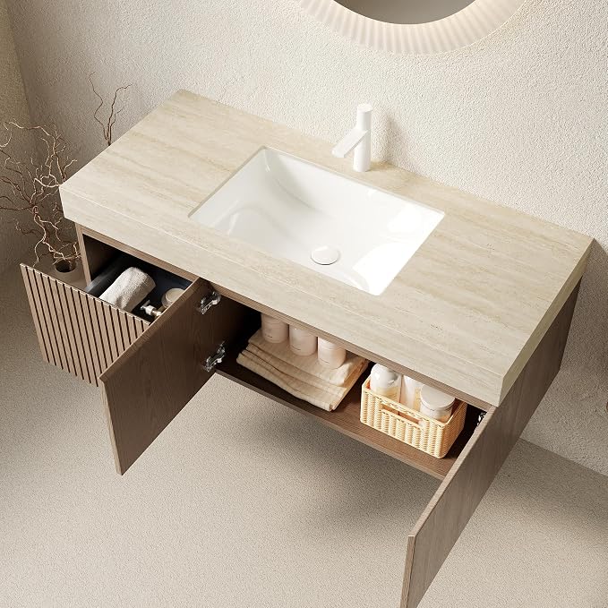 KEIKI 48 Inch Floating Bathroom Vanity with Sink, Light Brown & Beige | Modern Wall Mounted Storage Cabinet w/ Drawer & Door, Pre-assembled Wood Panels, Sintered Stone Top & Ceramic Basin Combo Set