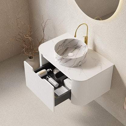 30'' Bathroom Vanities Cabinet with Sink Combo, Wall Mounted Floating Cabinet W/Curved Edges Stripes, Oak Plywood, Soft-Close System with a Drawer, White Round Ceramic Basin - Kiel, White/S