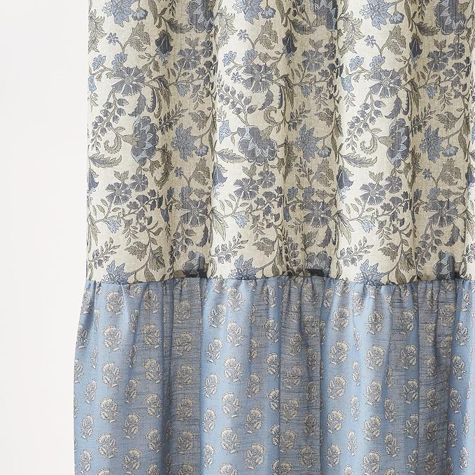 Lush Decor Lillian Block Print Linen Textured Shower Curtain Single 72" W x 72" L Blue & Sage - Vintage Floral Shower Curtains - Ruffled Bath Curtain